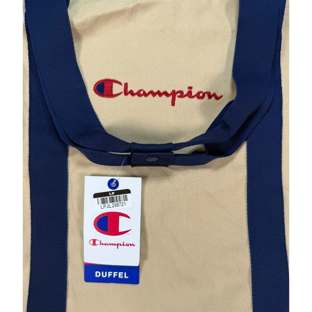 NWT Champion Canvas Duffel Bag Men's Large Tan Embroidered Logo Outdoor Gym